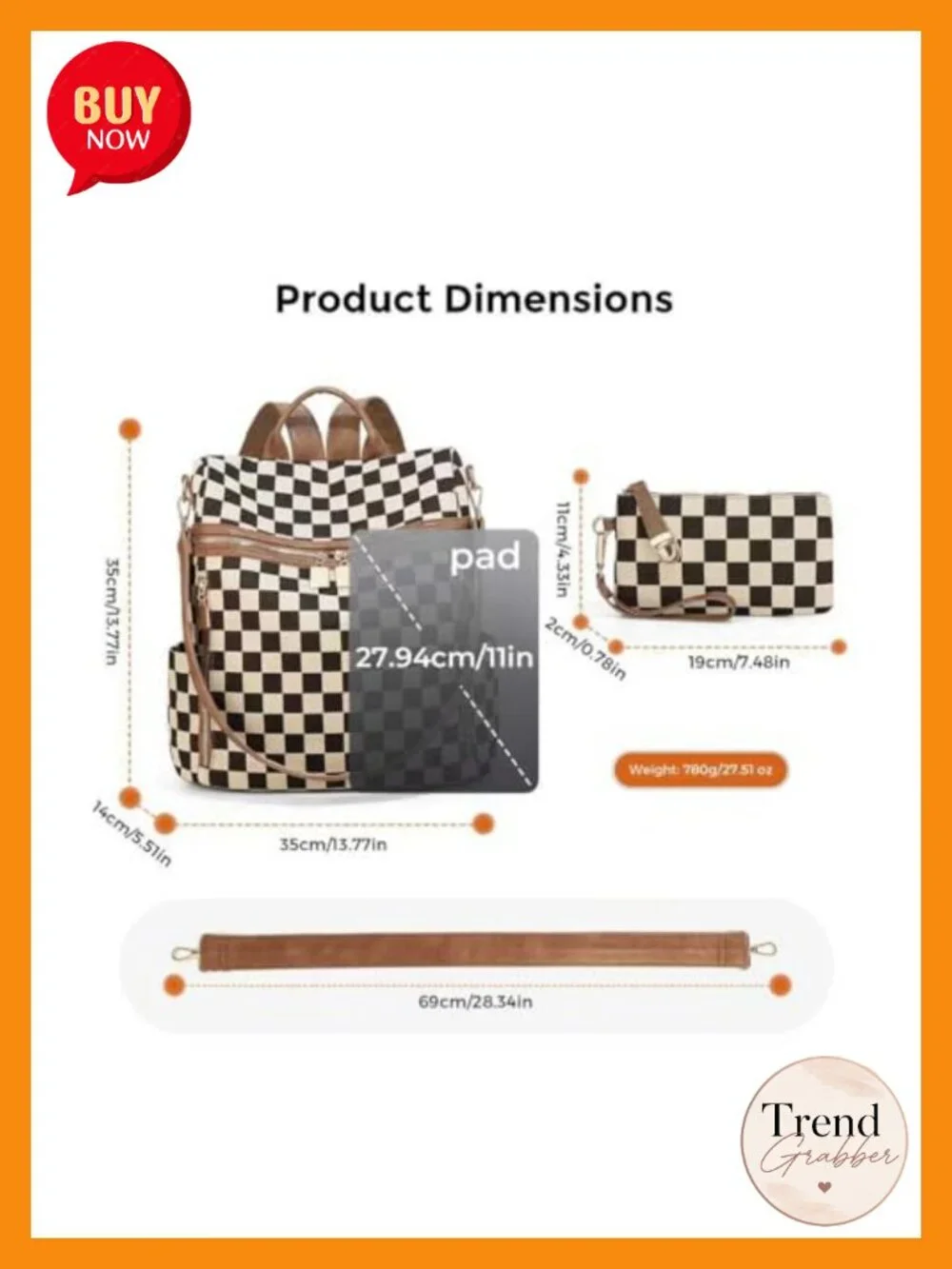 Checkered Canvas PU Backpack Purse for Women, 13.7